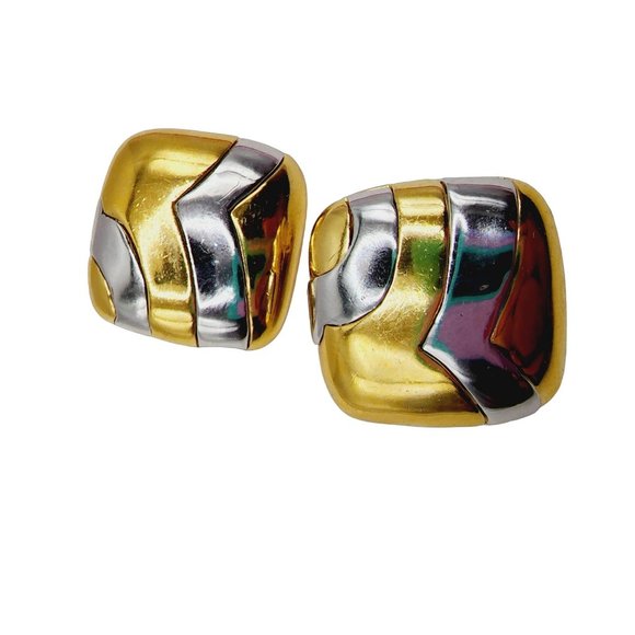 Vintage Heavy Signed Ciner 2-Tone Modernist 80s Earrings (A1277) - Picture 1 of 2